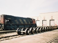 Veteran CN M636 2310 is viewed awaiting attention at CN’s MacMillan yard diesel shop in Vaughn, Ontario during a spring afternoon. 