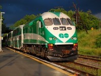GO 788 arrives at St. Catharines for station stop just after a heavy rainstorm has passed.