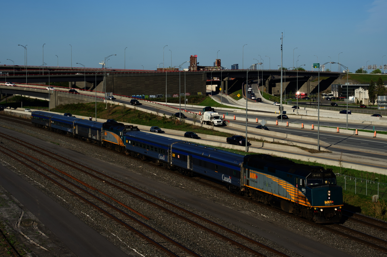 Normally departing Central Station in Montreal once a week Friday morning at 0815, VIA's combined train for northern Quebec left at 1805 due to a heatwave. Up until last week, VIA 601 for Jonquière would be up front, with VIA 603 for Senneterre behind it. With a change in crew runs, VIA 603 is up front and VIA 601 is the second consist.