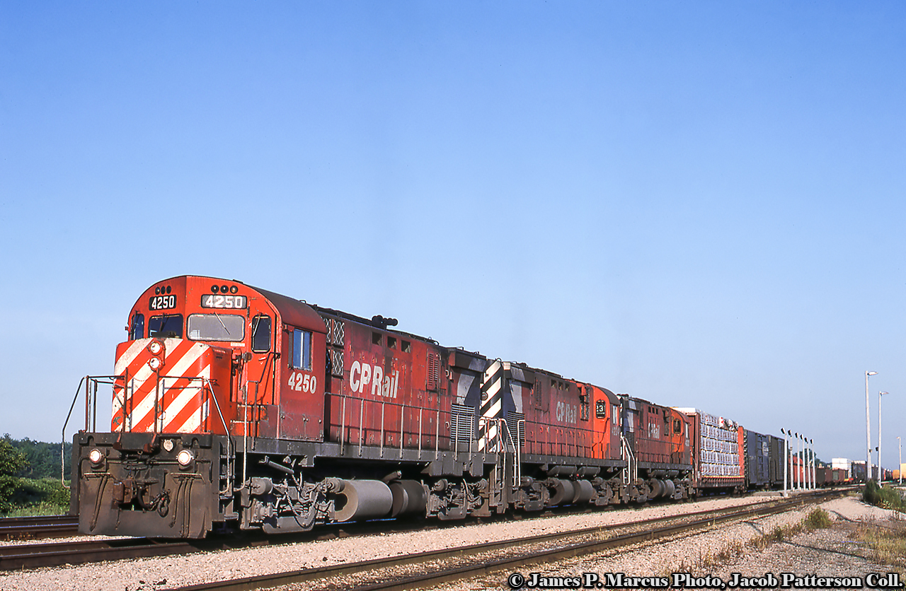 Waiting to depart stateside, a trio of MLW C424s sit on the head of a freight at Welland Yard.  Of these three units, only 4223 would continue her career, initially on the QGRY, then through various brief owners until arriving at the Western New York & Pennsylvania as their 434.  Recent photos from 2019 show it appearing to be a parts unit.James P. Marcus Photo, Jacob Patterson Collection Slide.