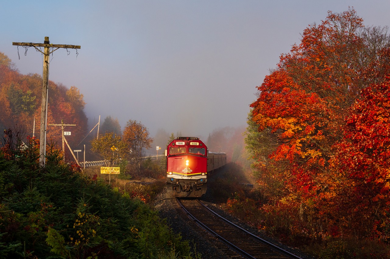 Early morning light, vibrant autumn colours and a layer of fog set the atmosphere at Northland, Ont., as Canadian National's Agawa Canyon Tour Train races towards "Canyon" on the former Algoma Central Railway.

Earlier this week, Watco announced that tickets have gone on sale for the upcoming season. The Tour Train is slated to resume operations on August 1st and will run until October 10th. Get your tickets for peak colour while you can because I'll suspect they'll go fast!