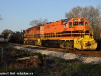 Basking in that golden late spring end of day sun, QGRY 2004 looking clean and spiffy after a rebuild at Hamilton's RLHH shop over the winter, now in service on the Guelph Junction Railway. A neat unit because it's a straight GP38, built in 1970 as BO 4819. If you can believe it, this unit was a (regular?) visitor to St. Thomas  on the CSX Canadian division back in the day as per <a href=http://www.railpictures.ca/?attachment_id=41523 target=_blank>Arnold's photo posted 2 years ago</a>.