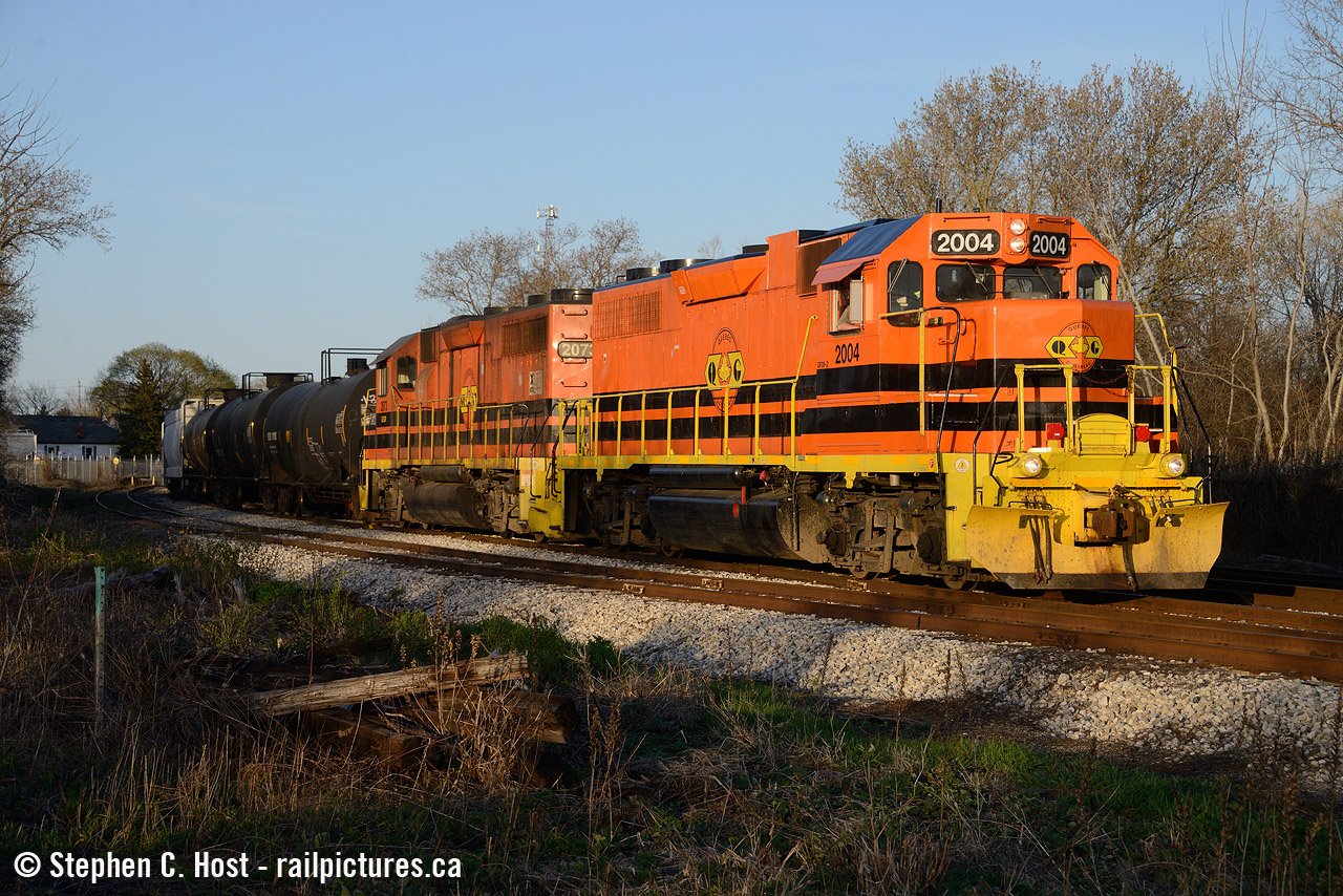 Basking in that golden late spring end of day sun, QGRY 2004 looking clean and spiffy after a rebuild at Hamilton's RLHH shop over the winter, now in service on the Guelph Junction Railway. A neat unit because it's a straight GP38, built in 1970 as BO 4819. If you can believe it, this unit was a (regular?) visitor to St. Thomas  on the CSX Canadian division back in the day as per Arnold's photo posted 2 years ago.