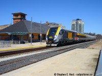 Testing the corridor, VIA 688 "Charges" away from Guelph Downtown with a Venture trainset. Testing all corridor stations in Ontario except the Strathroy Sub, not until acceptance testing is completed (which is a multi month process) will the units receive VIA marks and VIA ownership. Hence why they are still SIXX reporting marks, indicating Siemens ownership.
