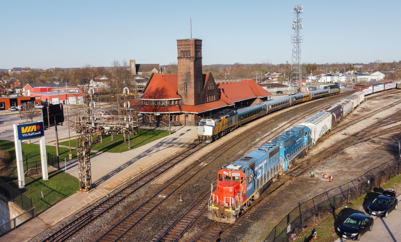 On a lovely April morning CN L580 works Brantford Yard as Via 71 makes its station stop with Via 6420 bringing up the rear of the train for a meeting of the 6420's.  I had thought this shot might present itself in Brantford again but the GTW 6420 CN 4906 set has already left town in favour of different units...it seems when the exciting stuff is in Brantford it doesn't last all that long.  CN 1439 only lasted 4 hours back in 2020..