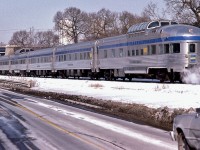 <br>
<br>
Certainly one of the shortest VIA #9,
<br>
<br>
All Budd (built for CPR): baggage, coach, Skyline, 2 Manor sleeping cars, and Assiniboine Park 
<br>
<br>
GMD 1954 built FP9A 6510 leads the daily VIA #9, the Toronto section of the Canadian Canadien, to a 19:50 arrival at CPR Sudbury to meet with daily Train #1 originating from Montreal CN Central station where #9 will be combined with the Montreal coach, the dining car and the Montreal sleeping car.
<br>
<br>
VIA #9 at CN Don, (CP Don), TTR Don, January 31, 1987 Kodachrome by S.Danko 
<br>
<br>
More Don: Canadian Canadien: 
<br>
<br>
     <a href="http://www.railpictures.ca/?attachment_id=  48151">  FP9A 6510  </a>
<br>
<br>
That automobile, with the bashed in driver door, is motoring on the Bayview Extension and is likely a late seventies (1978) Oshawa built Pontiac LeMans / Oldsmobile Cutlass / Chevrolet Chevelle.
<br>
<br>
sdfourty

