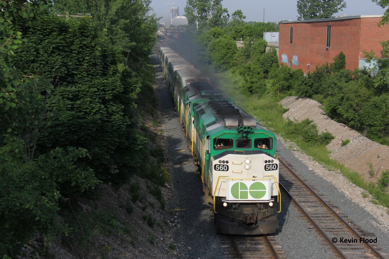 During a brief stint back in Kitchener, I managed to capture the London-Toronto GO train with the double classic F59PHs as opposed to the newer MP40PHs which dominate the system. The train is pictured accelerating out of Kitchener for Guelph on a muggy morning.