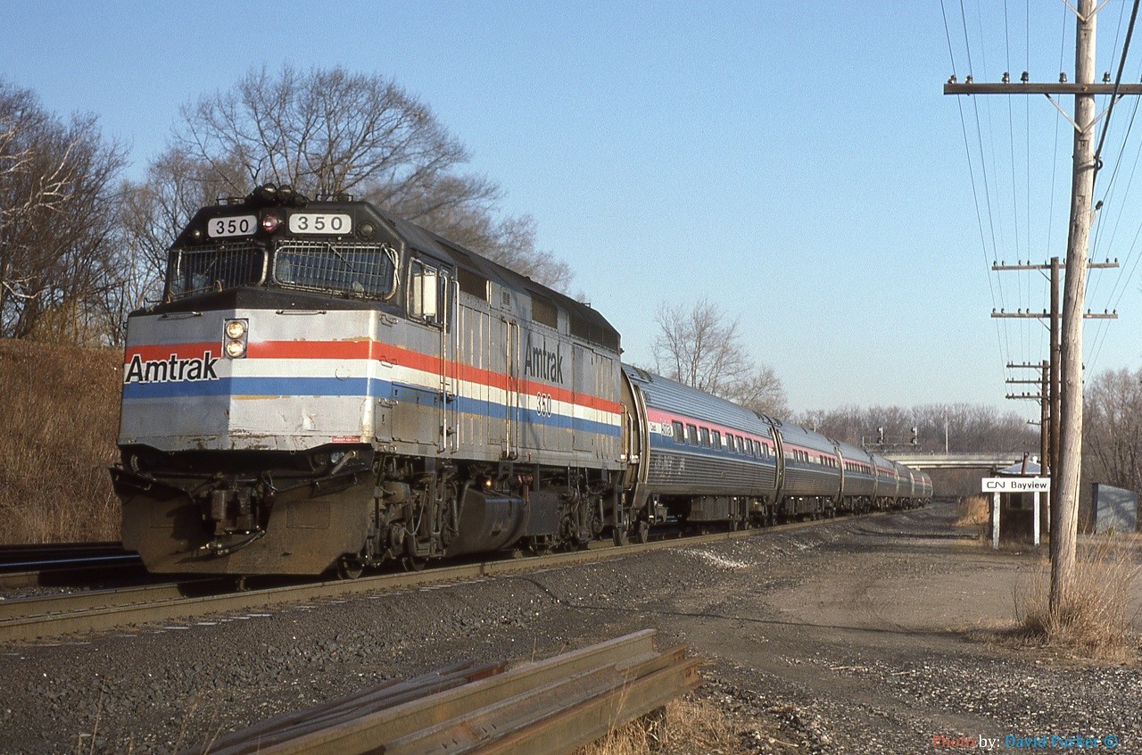 In celebration of the return of VIA trains 97 & 98 'Maple Leaf'. Here's a look back at VIA No 97 on Nov 26th 1983 passing through Bayview with Amtrak F40PH 350 leading seven Amfleet coaches.