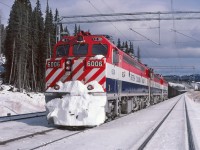 A bright winter afternoon, February 1985 at the Teck load out track. Loaded coal train ready to run south to Prince George and then west to Prince Rupert.