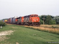 A pair of Canadian cabs lead CN 431 through Rockwood.  Leader 9565 would be retired in September 1996 and rebuilt as a GP40-2LH for the Massachusetts Bay Transit Authority 1129 and <a href=http://www.rrpicturearchives.net/showPicture.aspx?id=5479790>remains in service today.</a>  Trailing  SD40-2W 5241 retired in 2010.