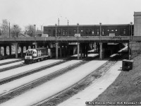 GO Transit GP40TC 602 sits beneath James Street at Hamilton’s CN station during the early years of GO Transit operations which commenced May 23, 1967.  Delivered in late 1966, 602 would be renumbered GO 9802 in 1970, and GO 502 in 1975 before being sold to Amtrak in 1988 as Amtrak 194, and later rebuilt as GP38H-3 Amtrak 522.