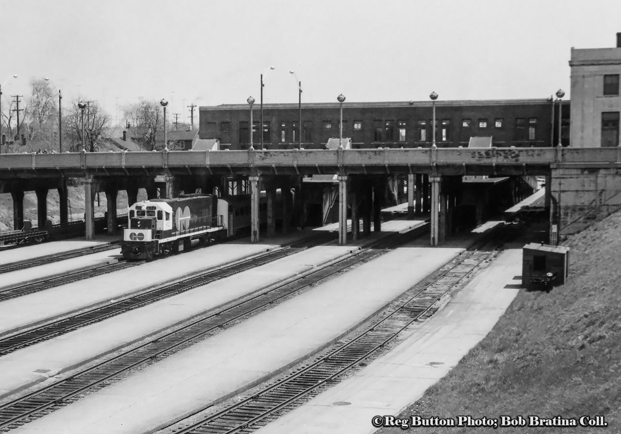 GO Transit GP40TC 602 sits beneath James Street at Hamilton’s CN station during the early years of GO Transit operations which commenced May 23, 1967.  Delivered in late 1966, 602 would be renumbered GO 9802 in 1970, and GO 502 in 1975 before being sold to Amtrak in 1988 as Amtrak 194, and later rebuilt as GP38H-3 Amtrak 522.