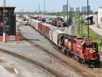 Here a pair of RC equipped GP38 sets take turns working the north end of Agincourt yard in Toronto along side tower 52. Many of the ex SOO GP38 are now belt pack equipped. 