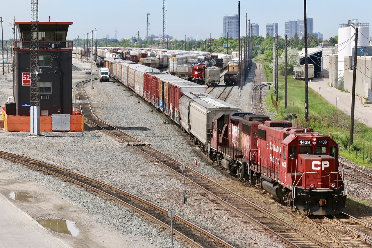 Here a pair of RC equipped GP38 sets take turns working the north end of Agincourt yard in Toronto along side tower 52. Many of the ex SOO GP38 are now belt pack equipped.
