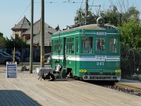 Tram 247, built in 1921 for the Hankai Electric Railway in Osaka Japan sits at the new Whyte Avenue terminal of the Edmonton Radial Railway's High Level Bridge route.