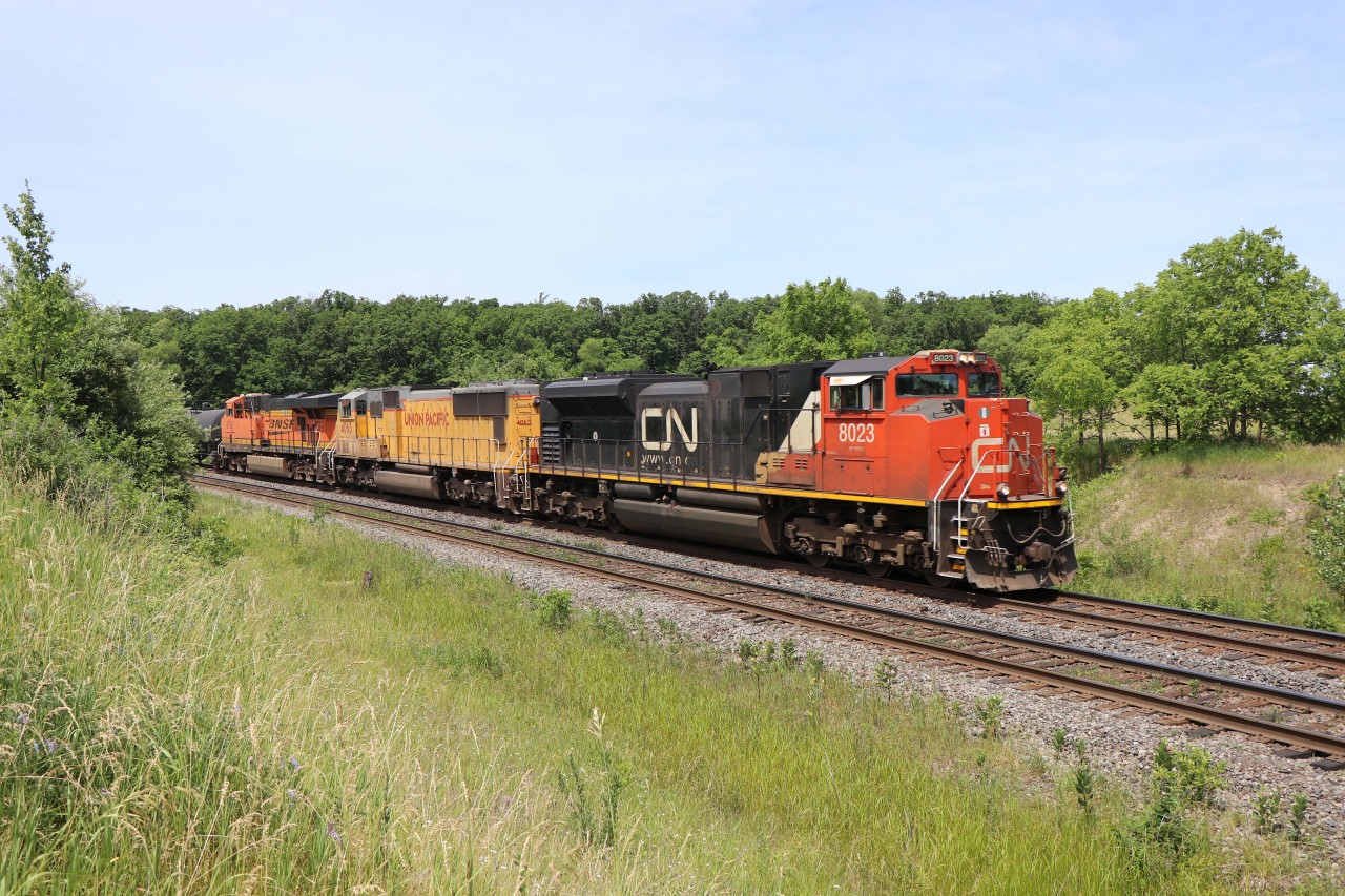 Having sat at the top of the hill near Georgetown for four eastbounds, CN 397 is finally on the move with an interesting consist of CN SD70M2 8023, UP SD70M 4063, and BNSF ES44AC 6192. The BNSF unit was the leader on yesterday's 396 with the UP unit in fourth position. En route, they met another BNSF leader and will soon meet 148 with an NS unit trailing. While not the "FPON" days of years gone by, we're still getting some interesting consists in 2022!