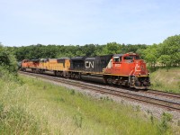 Having sat at the top of the hill near Georgetown for four eastbounds, CN 397 is finally on the move with an interesting consist of CN SD70M2 8023, UP SD70M 4063, and BNSF ES44AC 6192. The BNSF unit was the leader on yesterday's 396 with the UP unit in fourth position. En route, they met another BNSF leader and will soon meet 148 with an NS unit trailing. While not the "FPON" days of years gone by, we're still getting some interesting consists in 2022!