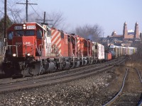CP's Toronto to Chicago train 417 has six SD40 variations up front, all online and providing 18000 horsepower through 36 driving axles. The train is beginning to lean into the elevated curve at mile 20 of the Galt sub. 417 (formerly 511 and later 243) was always a good bet for interesting power.  