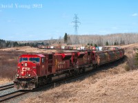 The return of the Mac's. Having being laid up the bulk of 2009, a number of SD90Mac's were reactivated throughout 2010 and were fairly common to see in the grain pool. Here we see CP 9131-9125 in full dynamics as the engineer completes navigating the heavy grade descent eastward out of Buda and into Finmark.