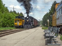 Back in service after it's extensive boiler inspection, 99-year old Waterloo Central Railway 9 leads it's train south through the WCR yard at St. Jacob's.  