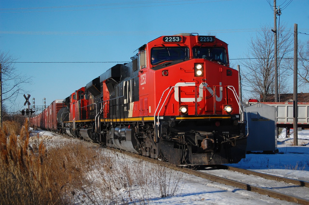 A cold sunny day on Feb 15 as 422 Departing Port Robinson West heading towards Clifton South on the CN Stamford Sub.