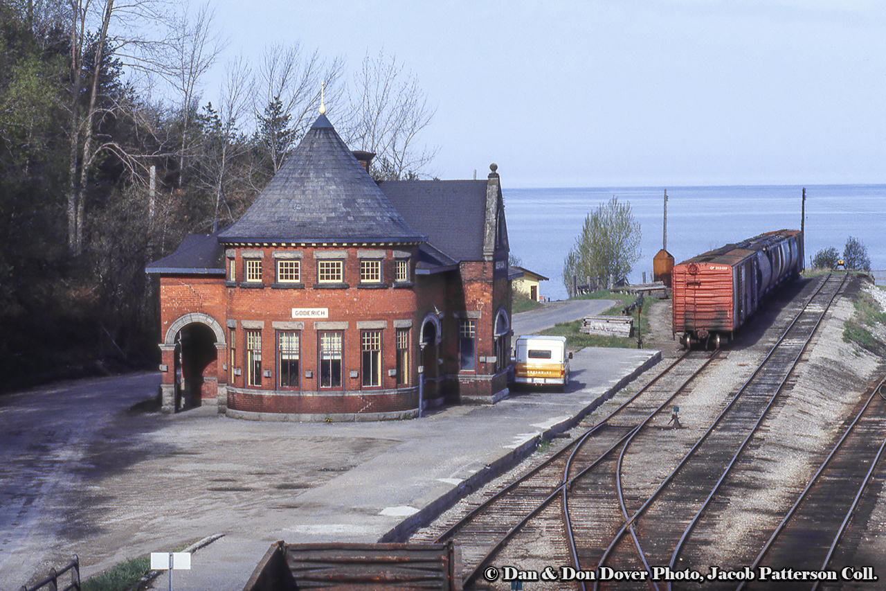 No longer in use for passengers, the CPR station at Goderich stands at the end of the line overlooking the shores of Lake Huron.  These rails will see their last train in just over a decade on December 16, 1988.  Today, all rails are gone, but the station has been relocated across the former yard closer to the lake, now serving as the Beach Street Station restaurant.Dan or Don Dover Photo, Jacob Patterson Collection Slide. Dan and Don were father and son railfans (publishers of Extra 2200 South magazine) whose photos have been amalgamated as the Dover Collection.