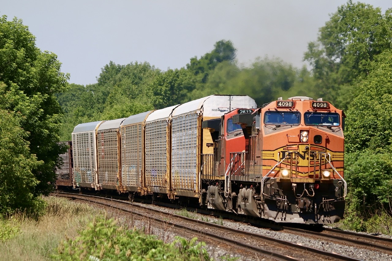 This vantage point here in Lynden was once the site of the CN station. An old service track can still be found in the weeds that ran near it and serviced the local feed mill. Here CN 384 rounds the corner where the one time Brantford bypass left the main and headed for Paris. I believe a short section of rails still remains severed from the main and covered in the weeds, it was last used for car storage and before that connected to the now abandoned branch to Galt.  It was a nice surprise this day caching a BNSF leader.
