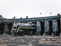 A desolate scene at Spadina finds 6060 poking out of the roundhouse prior to making a run to Niagara Falls.  Note the steam generator cars in the stalls at left.<br><br><i>Carl H. Sturner Photo, Jacob Patterson Collection Slide.</i>