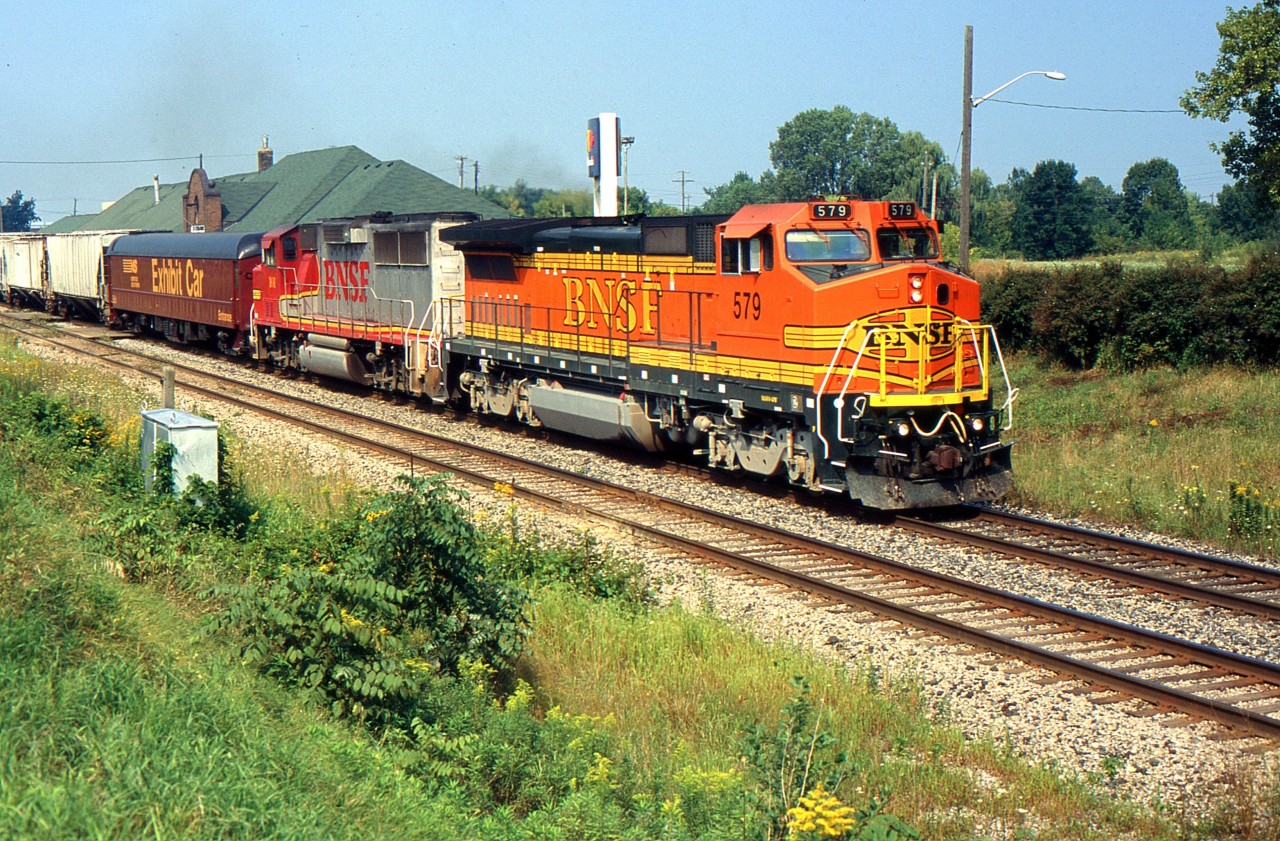 BNSF 579 leads NS 328 through St. Catharines during 2004.