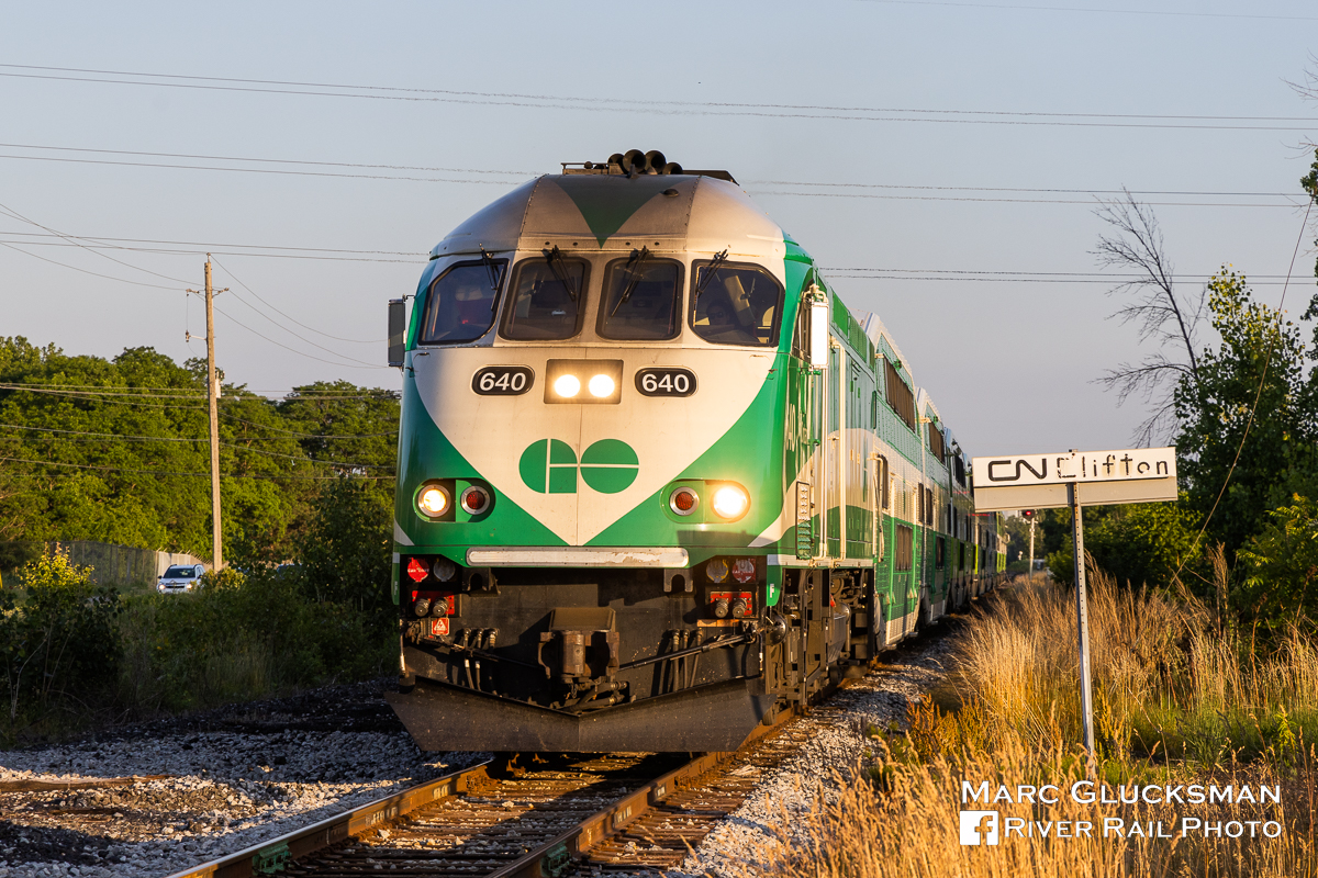 GO To Niagara Falls. GO Trasnit/Metrolinx MP40PH-3C (MPI) 640 was the power for Train 1977 on Wednesday, June 29, 2022, seen passing the junction at Clifton returning to Toronto after making its run from Toronto Union Station to Niagara Falls, Ontario. Ddaily GO Transit service to Niagara Falls via the GO Transit Lakeshore West line is used by a decent ridership. After VIA service here ended in 2012, the Amtrak/VIA Maple Leaf was the only regular passenger service here until September of 2019 when GO Transit committed to a regular schedule. Amtrak/VIA service has also returned, after a 26 month pause during pandemic related service cuts.