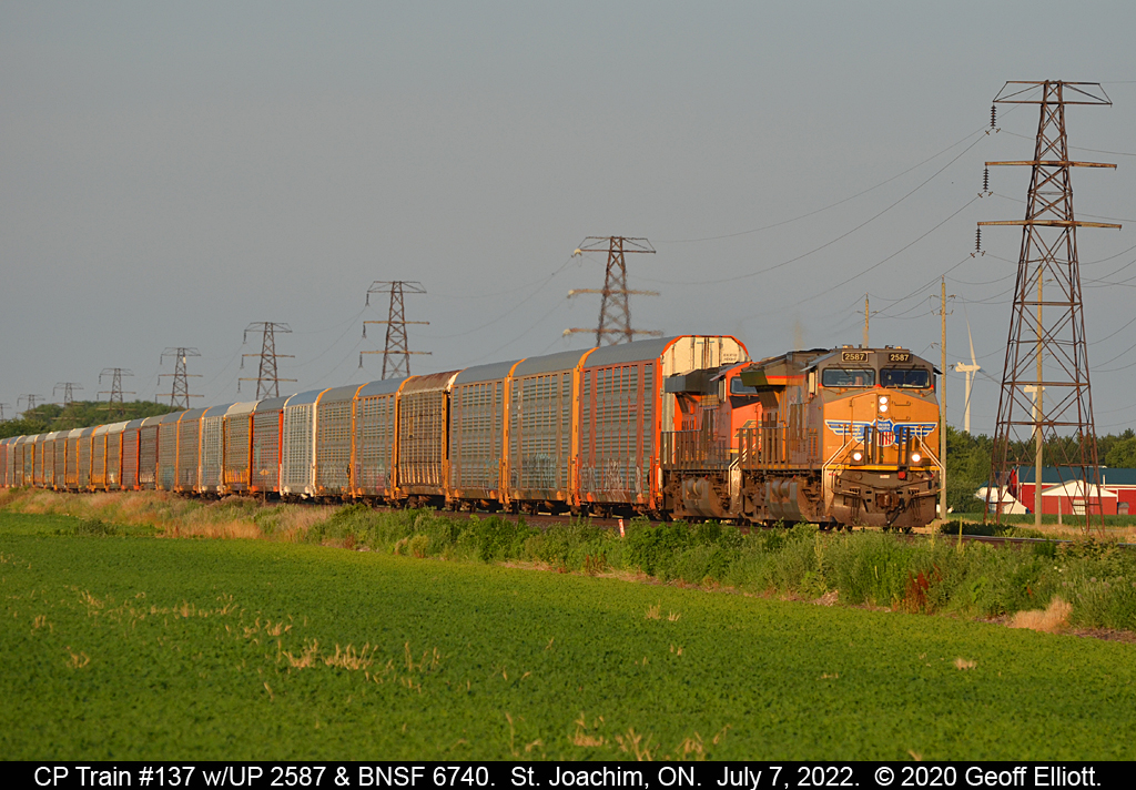 CP Train #137 approaches St. Joachim, Ontario in the late, low light, of the afternoon of July 7th with UP 2587 and BNSF 6740 for power.  #137 had met train #234 with BNSF Warbonnet #729 about 30 minutes previous at Ringold near Chatham.  Nice to see foreign power on the CP Windsor Sub to break up the plethora of burnt CP GE's rolling across the County.