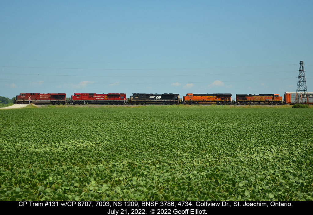 Today's Windsor Sub catch.  CP Train #131 with CP 8707, 7003, NS 1209, BNSF 3786 and BNSF 4734 hit the Golfview Drive crossing just west of St. Joachim, Ontario.  5 units and 5 different paint schemes.  Sometimes it's actually worth shooting something on the Windsor sub.  :-)