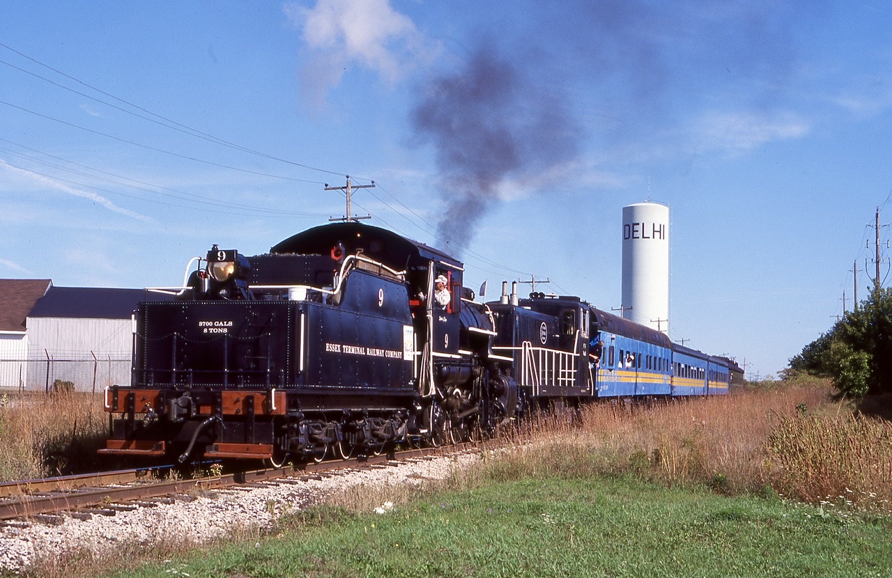 I do really miss  these days the special runs that ETR 9 did back in the early 2000’s when it was assigned to the St. Thomas Central. Between the Cayuga subdivision to the east if St. Thomas and the CASO subdivision to Shedden, the old steamer from time to time really got to stretch its legs. It’s so sad that CN wouldn’t give the museum the section of the CASO to Shedden, and even today most of the Cayuga subdivision east of Tilsonburg is gone or on the verge of abandonment. Today ETR 9 is operated many miles away up in St. Jacob’s, and is well looked after. Back in 2002 #9 ran a few specials to Delhi and back, with only one customer served in town , the writing back then was in the walls for this portion of the line, and when Trillium gave up the line years ago the last customer switched to trucks. Here ETR 9 has just run around its train at the east end of Delhi and is heading back to St. Thomas, with Delhi’s unique water tower in the distance. In 2021 a contractor finally began lifting the long out of service here and in spring of 2022 the large bridge over a creek in the west end of town was removed totally eliminating any chance of a revival of rail service here.