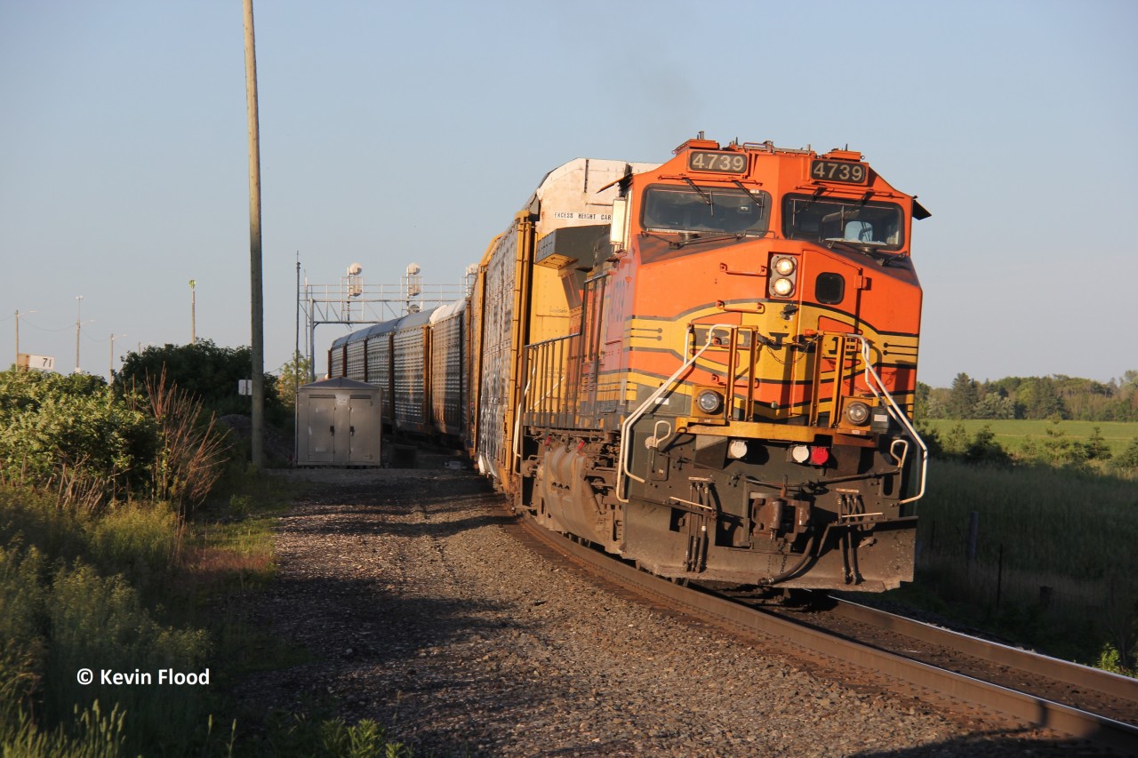 Racks, racks and more racks. At about 19:50, CP 137-16 finally backs up to clear the crossing at the west end of Wolverton to reveal the leader - BNSF 4739. UP 7467 was the mid-train DPU by the time the train completed its work at Wolverton. From conversation over the radio, the crew would taxi to London after experiencing a few delays. North Dumfries, ON. June 16, 2022.