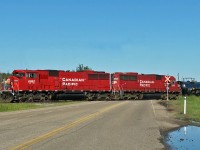 A pair of ex SOO Line SD60s which now seem to call Scotford Yard home are seen on the wye with a cut of tank cars.