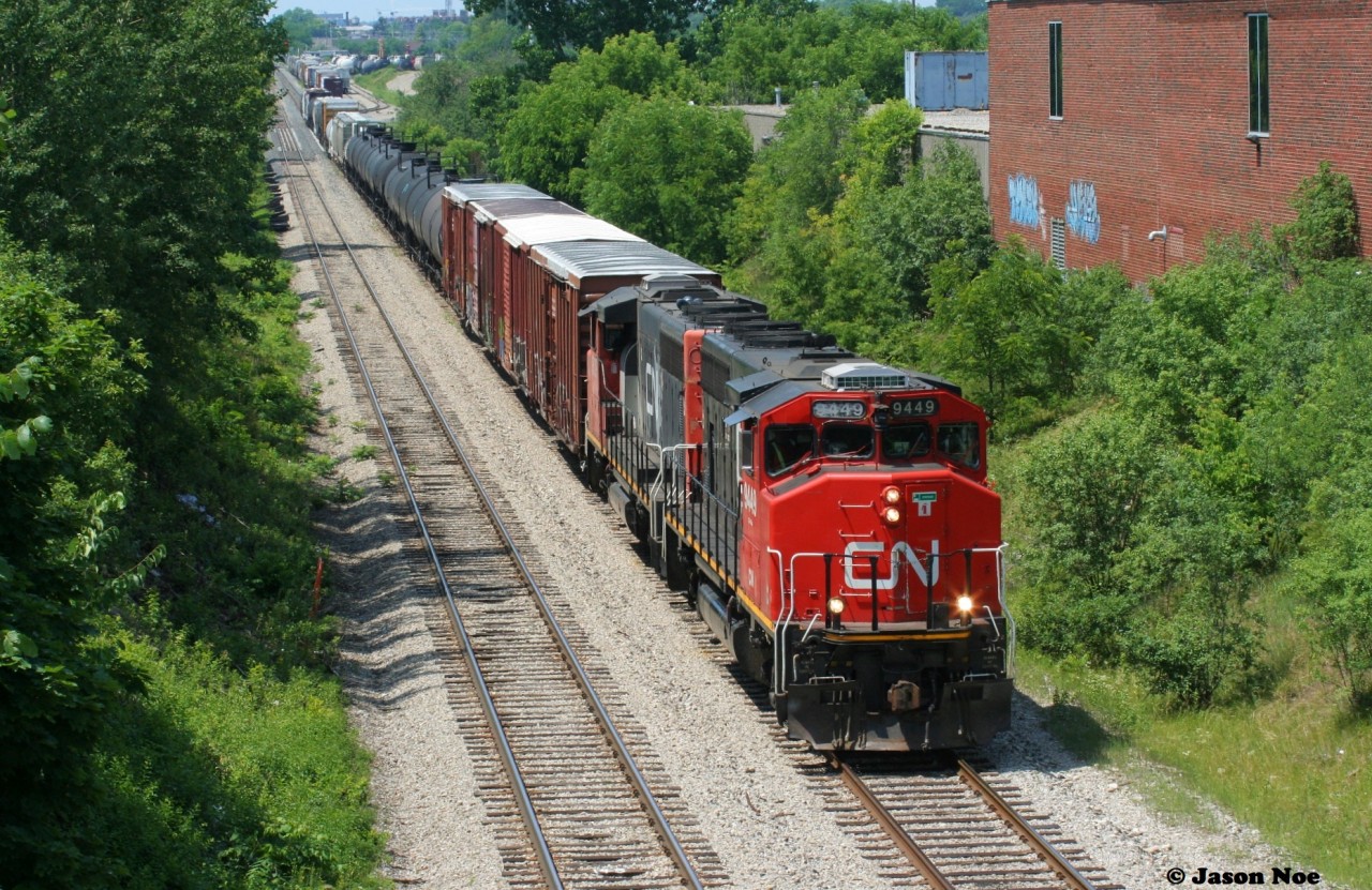If this scene were summer 1998, this would be CN 432 making its lift at Kitchener, however this is 2021. Now motive power that was once the backbone of mainline assignment’s, has become the standard on CN local jobs some 23 years later. Here CN L568 with 9449 and 9639 assembles its train for Guelph at the east end of the Kitchener yard.