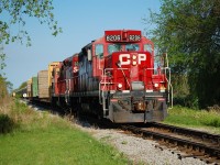 Job 3 with CP GP9u 8206 heads back to Welland from Stevensville.