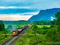 Little train in a big landscape. Mount McKay towers in the background over the farmers fields dotting the land west of Thunder Bay. Westbound train 441 departs the Lakehead with CP 9011-9023-5925-SOO 4420 powering the short train. Trailing in train are "slugs" CP 1021 and 1002, both Toronto based daughter units headed westbound likely for servicing as the 1002 would show up back in Toronto Yard throughout the early 2010's.