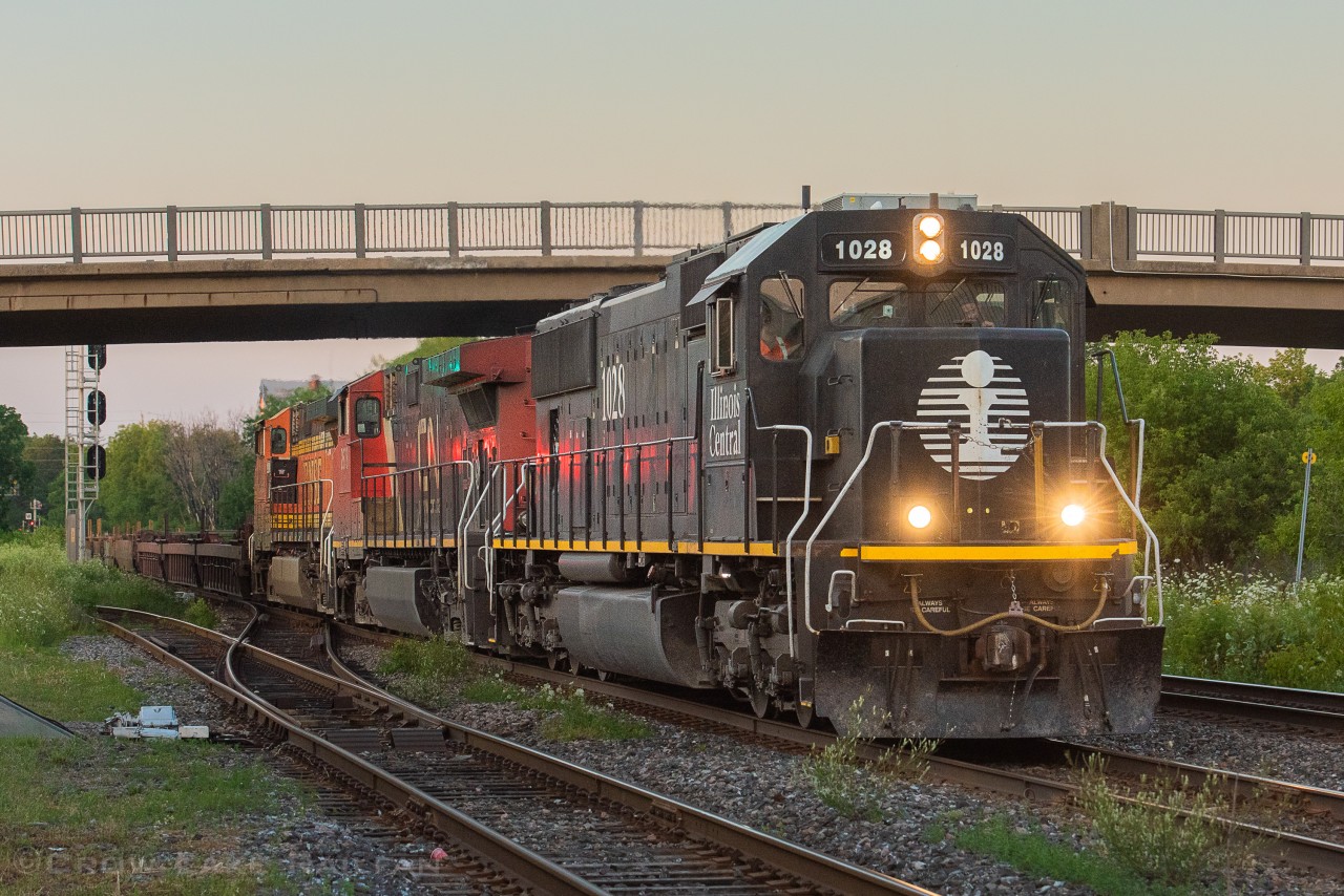 After chasing CN 123 from Coteau, QC we finally made it to Brockville just after sunset with just enough light. Taking the lead is a veteran Illinois Central SD70. With CN retiring it's older power only time will tell how long these last making it worth the chase.