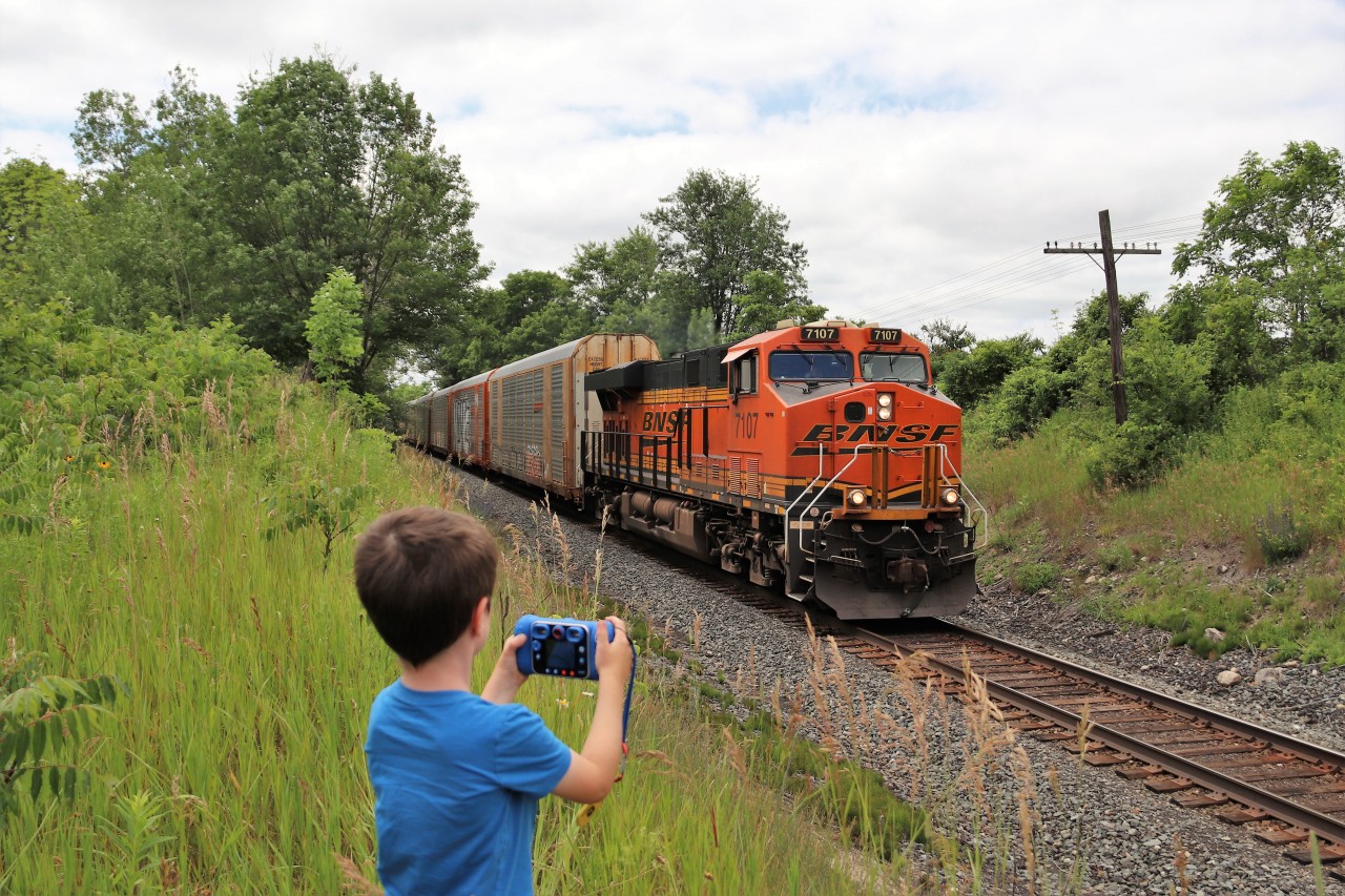 It's taken a few years to finally get my grandson to get out of the vehicle to see a train because he loves the trains but is not very fond of the noise. Today, he brought his own camera and told me "I'm a big boy now and want to take my own pictures." He usually wears his ear muffs so its not so noisy but said he didn't need them at this spot because they don't honk, so off we went to get a pumpkin. Here, BNSF 7107 running solo with 62 total axels, passes mile 43.3 headed east down the Galt sub. His picture actually turned out well for a first attempt at something moving but he was sure the next time he did need his earmuffs.