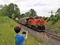 It's taken a few years to finally get my grandson to get out of the vehicle to see a train because he loves the trains but is not very fond of the noise. Today, he brought his own camera and told me "I'm a big boy now and want to take my own pictures." He usually wears his ear muffs so its not so noisy but said he didn't need them at this spot because they don't honk, so off we went to get a pumpkin. Here, BNSF 7107 running solo with 62 total axels, passes mile 43.3 headed east down the Galt sub. His picture actually turned out well for a first attempt at something moving but he was sure the next time he did need his earmuffs.