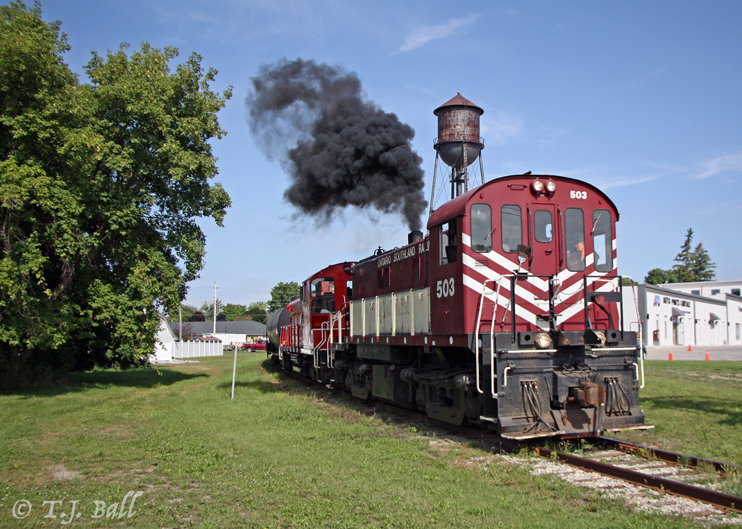 Making a statement as they push a cut of cars back into the yard at Tillsonburg.