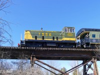 Southbound Waterloo Central excursion crossing the Conestogo River in St. Jacobs, ON.