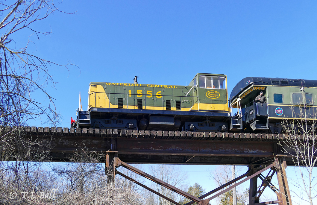 Southbound Waterloo Central excursion crossing the Conestogo River in St. Jacobs, ON.