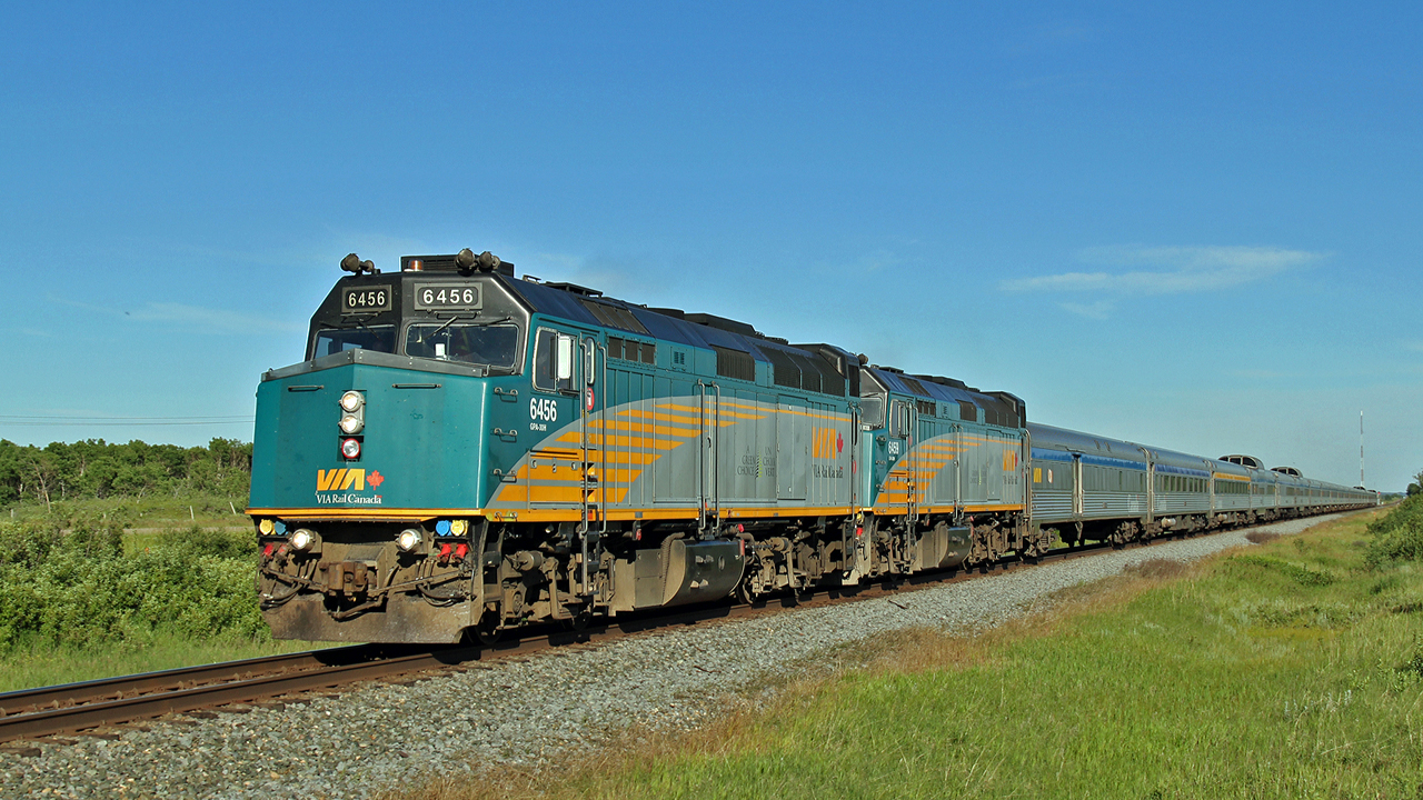 VIA 6456 and 6459 speed train #1 "The Canadian" westward at Edgerton.