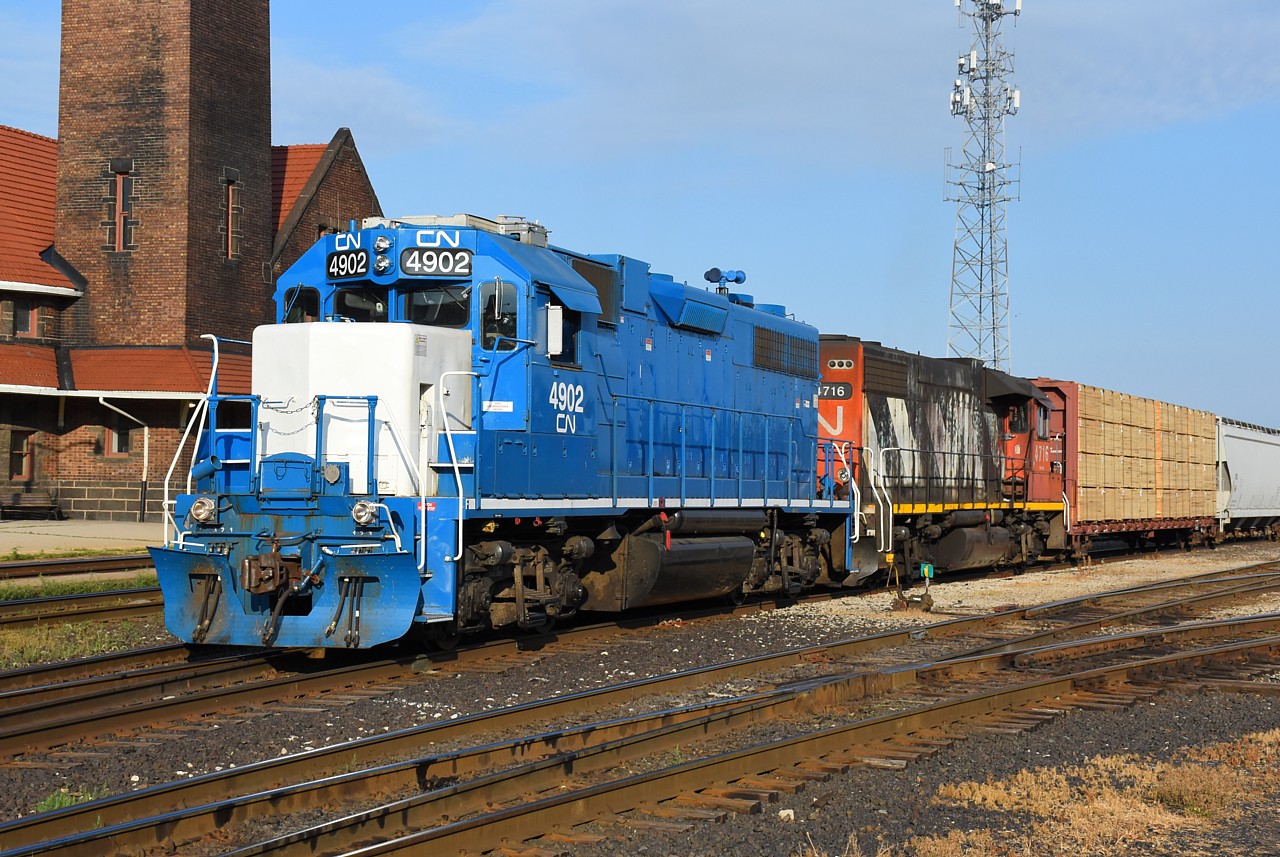 CN 4902, one of the better looking ex. GMTX GP38-2s, is on the front of CN 580 as the crew begins their day switching out a cut of cars that arrived in the night.
