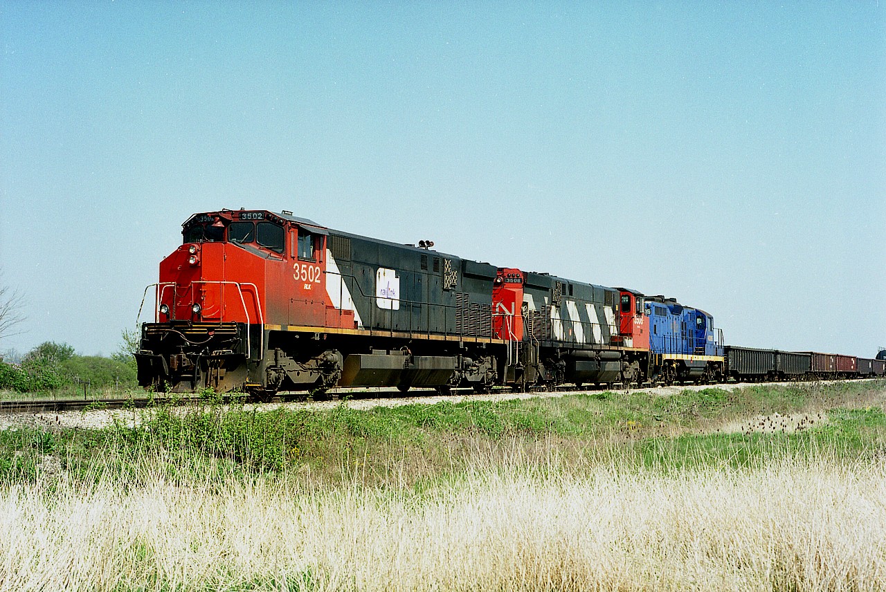 This image was shot only about 6 months after the start-up of the RaiLink Southern Ontario operation which worked Brantford-Nanticoke, which in turn was a couple of months before the Hamilton segment began in 12/97.
Seen here are RLK 3502, 3508 and 4205.  The first two units so very obviously X-CN; which in  previous years were slotted in the CN roster as 2502 and 2508 before the grouping of M-420(W) units were all renumbered to the 3500 series beginning in late 1986 and completed in 1987. The trailing GP9 began life in 1956 as QNSL 151.

I should note here that I am saddened to hear of the passing of Bill Thomson.  A true gentleman. R.I.P., Bill.