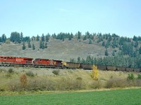 ES44AC CP 8855 and AC4400CW CP 8558 work a west bound coal train towards Notch Hill.  On the grade reduction loop but still a slow hard slog up the grade.