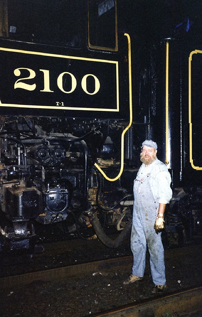Here's the Father of Short Line RRs in Canada, and member of the Canadian Railway Hall of Fame, the late Tom Payne stopped in front of the Yard Office at Stuart St. Yard (leased to Railink at the time) with his Reading 2100 enroute from Ohio to St. Thomas. I met him here around 9 pm with the dinner order he had called for earlier, and watched while he did his inspection and lubrication. He paused a minute for a quick photo.  He had been allowed to take the throttle himself as far as Suspension Bridge NY, where a CN geep and crew coupled on and took over.