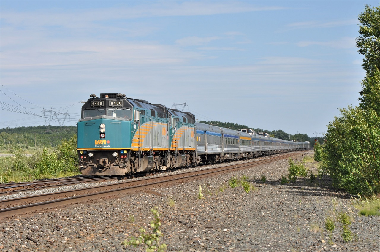 VIA #1, the Canadian, with 6456 and 6459 for power, makes an on-time arrival at Sudbury (Jct), Ontario on Sunday July 10th 2022.  But it is in the hole for a meet with a south bound intermodal.  It was over an hour later before it backed out of the siding and made its second, and passenger, stop at Sudbury.  Only in Canada, eh????